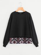 Shein Knot Fringe Trim Tribal Jacquard Hem Sweatshirt