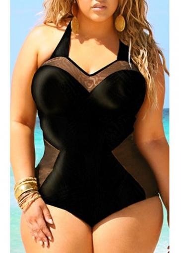 Rosewe Mesh Splicing Black Plus Size Swimwear