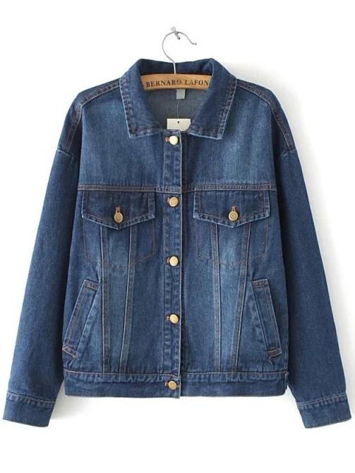 Shein Navy Lapel Metal Buttons Stars Print Denim Jacket