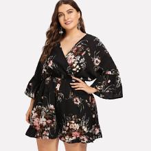 Shein Plus Flounce Sleeve Floral Wrap Romper