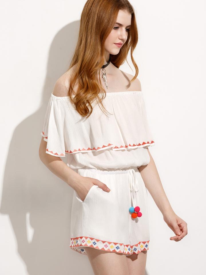 Shein Beige Ruffle Pompom Embroidered Off The Shoulder Jumpsuit