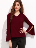 Shein Burgundy V Neck Self Tie Slit Bell Sleeve T-shirt