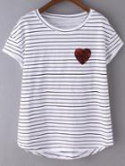 Shein Black White Stripe Sequined Heart Short Sleeve T-shirt