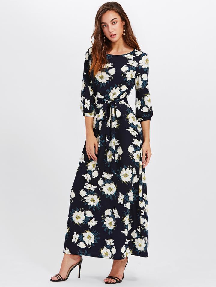 Shein Floral Print Random Maxi Dress With Belt