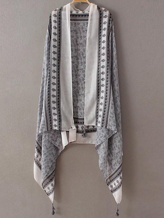 Shein Grey Printed Asymmetric Tassel Scarf