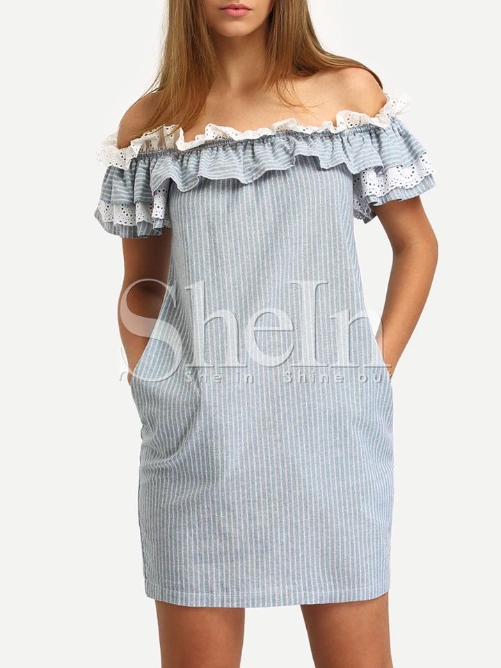 Shein Blue Off The Shoulder Flounce Striped Pockets Dress