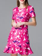 Shein Hot Pink Crew Neck Painted Frill Dress