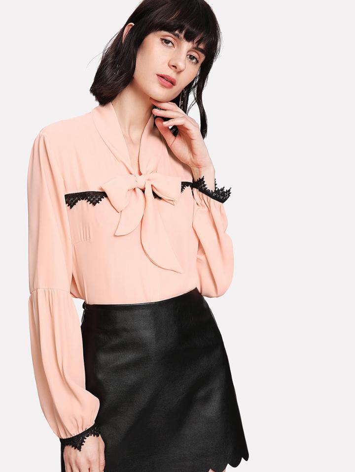 Shein Lace Crochet Contrast Self Tie Shirt