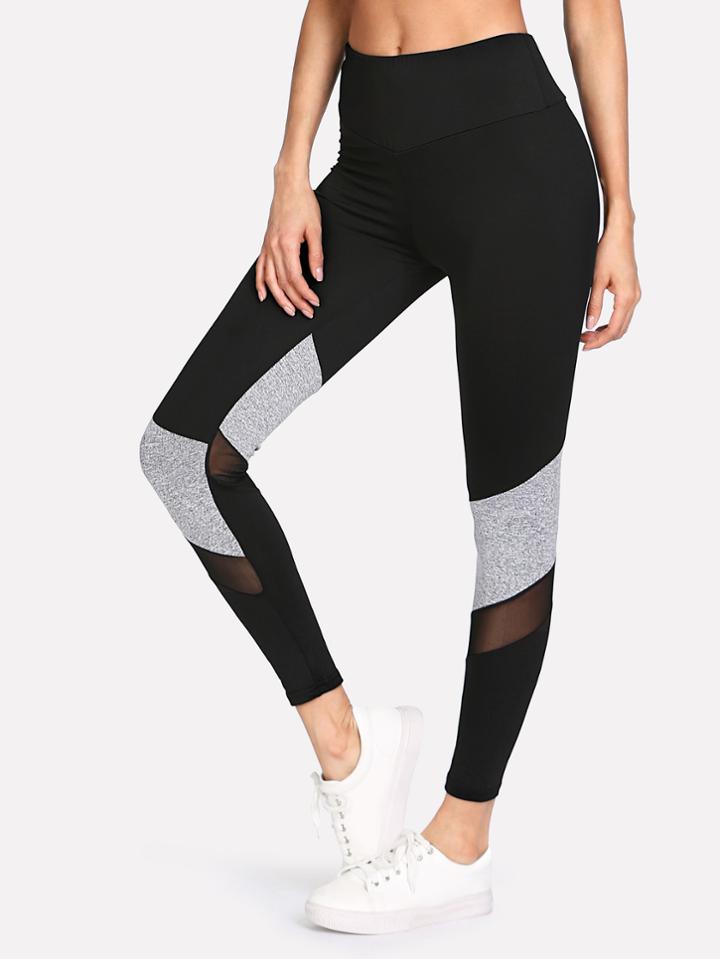 Shein Contrast Marled Mesh Insert Leggings
