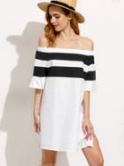 Shein White Striped Off The Shoulder Pleated Sleeve Dress
