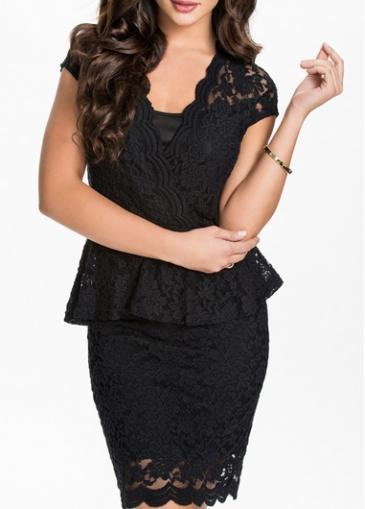 Rosewe Sexy Hollow Design V Neck Black Peplum Dress