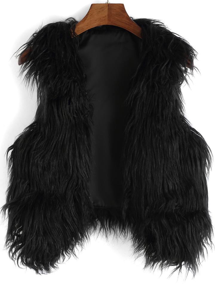 Shein Black Dip Hem Faux Fur Vest