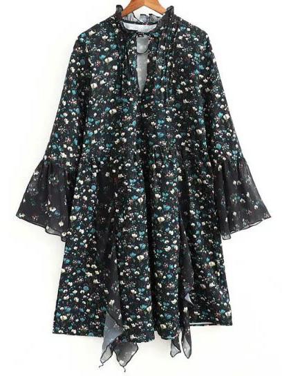 Shein Floral Print Mesh Detail Bell Sleeve Dress