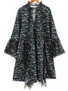 Shein Floral Print Mesh Detail Bell Sleeve Dress