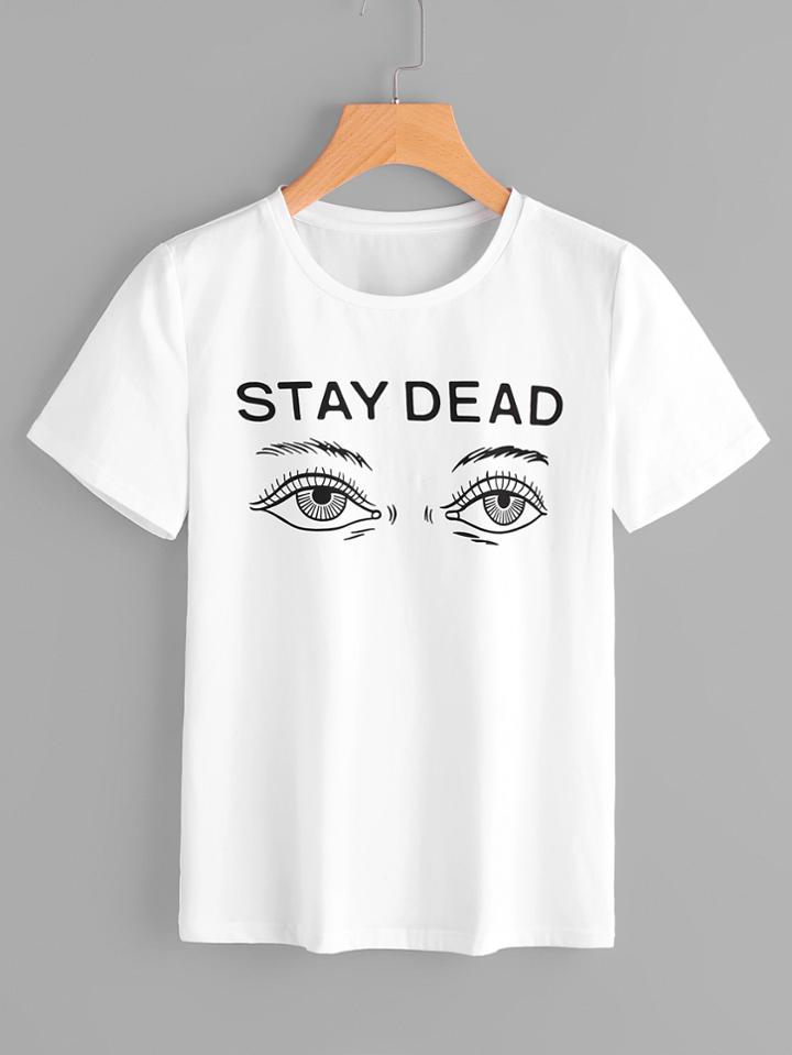 Shein Slogan And Eyes Print Tee