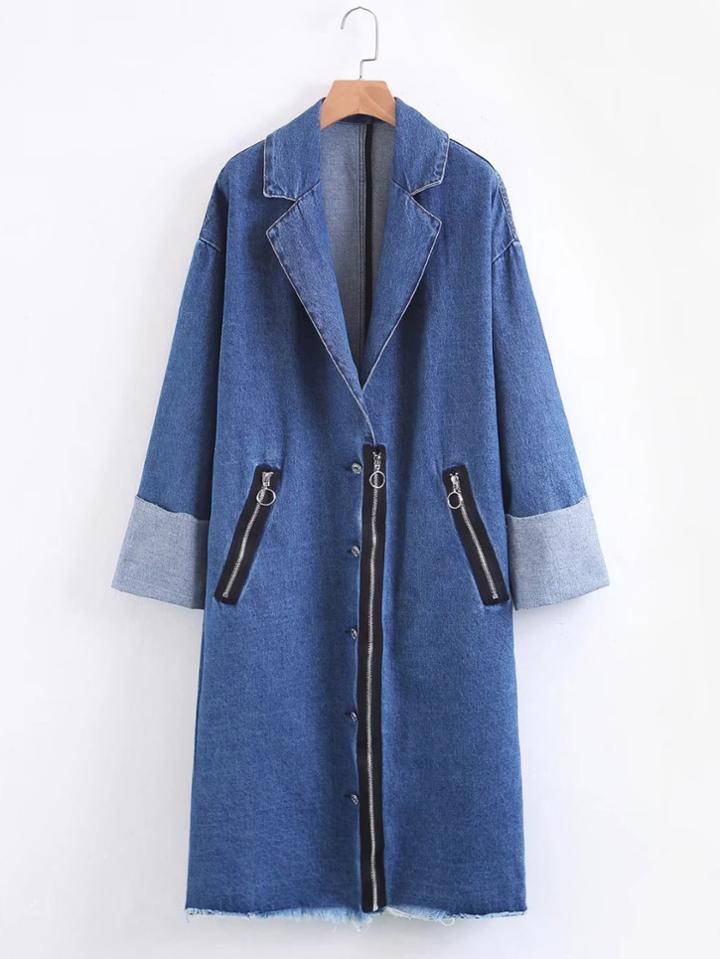 Shein Zipper Detail Frayed Hem Denim Trench Coat