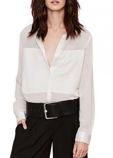 Rosewe Laconic Long Sleeve Turndown Collar White T Shirt