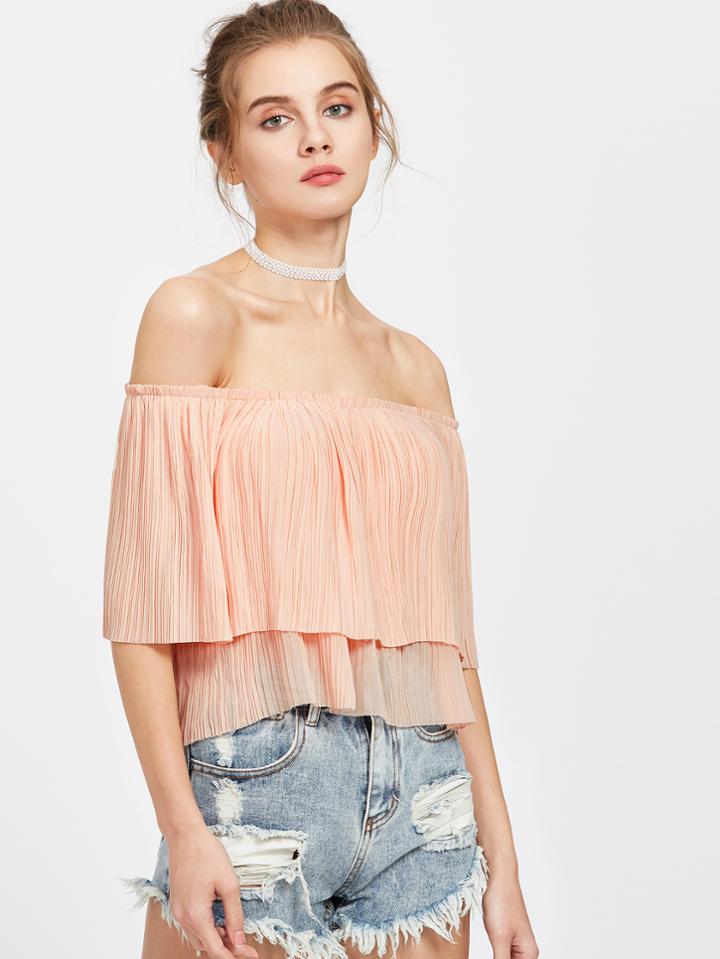 Shein Pink Off The Shoulder Pleated Layered Chiffon Top