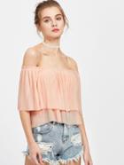 Shein Pink Off The Shoulder Pleated Layered Chiffon Top