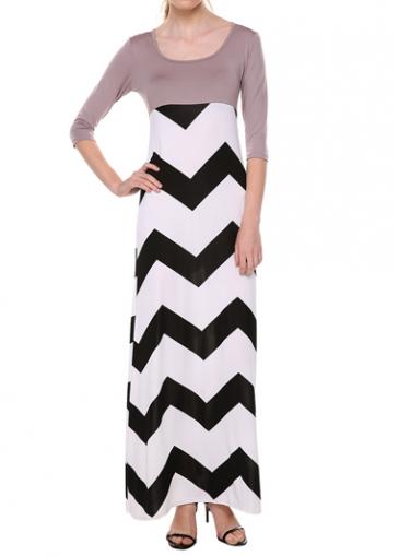 Rosewe Round Neck Chevron Print Maxi Dress
