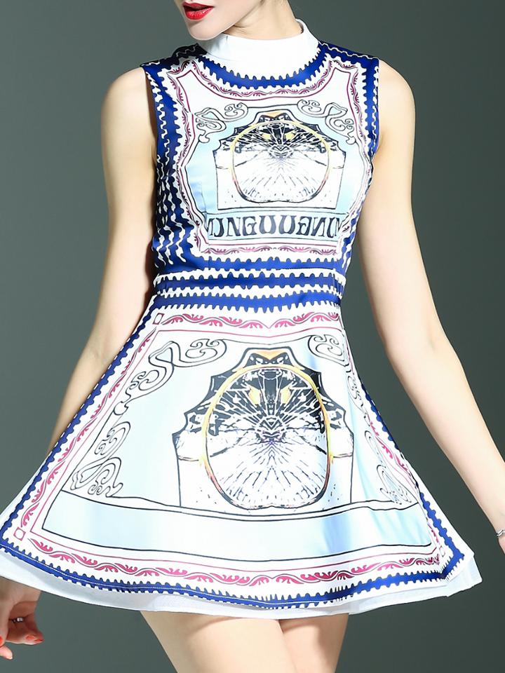 Shein White Collar Print A-line Dress