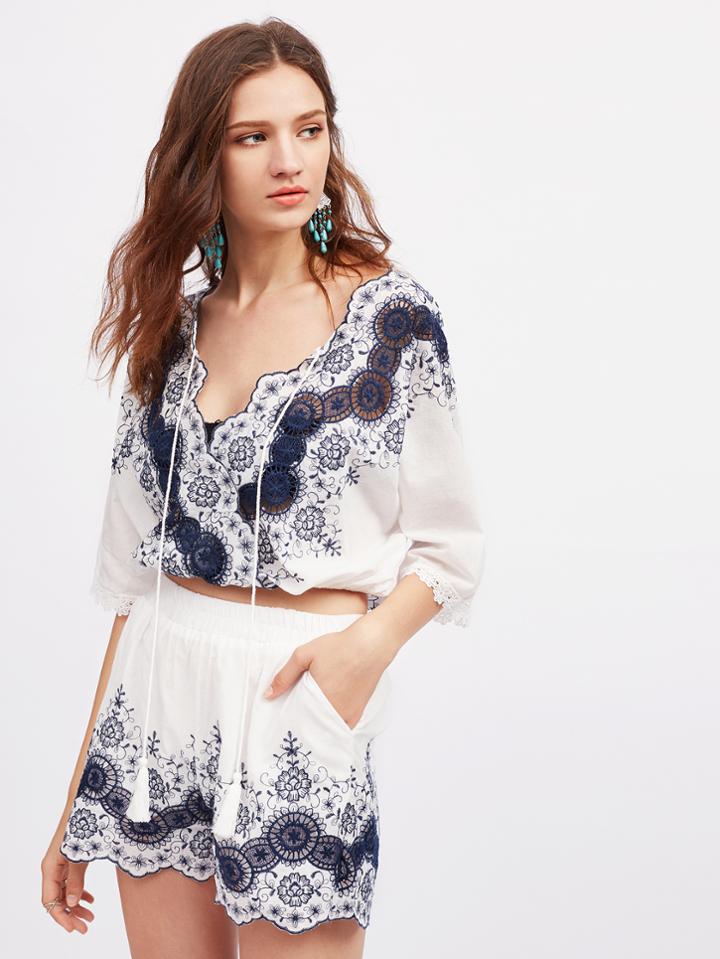 Shein Surplice Neckline Hollow Crochet Embroidery Top