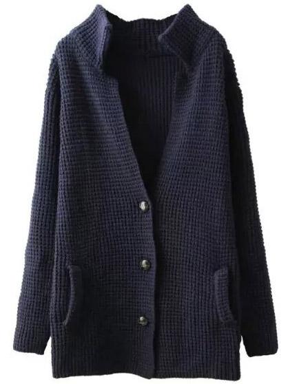 Shein Navy Long Sleeve Buttons Knit Sweater Coat