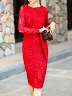 Shein Red Flowers Applique Tie-waist Lace Dress