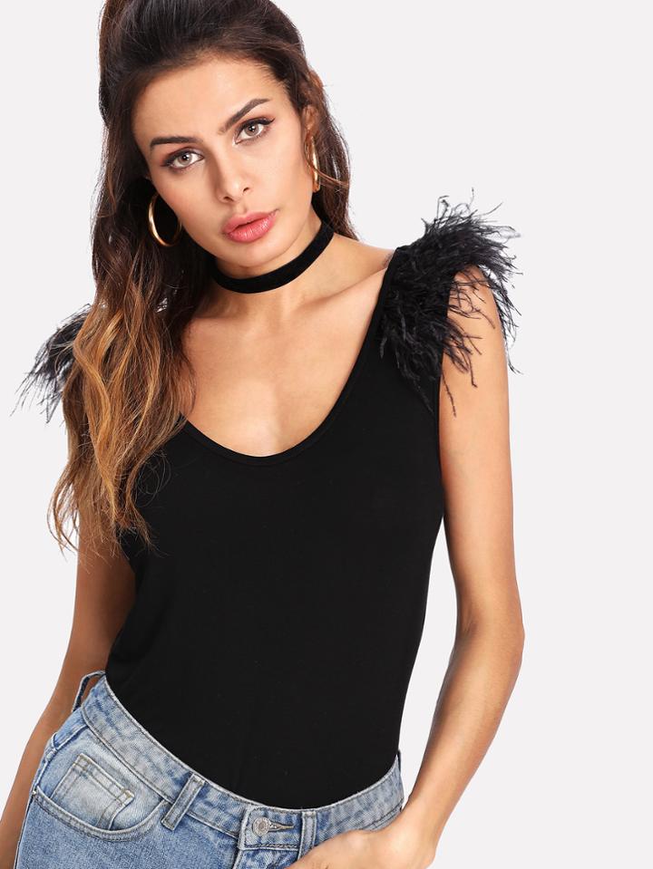 Shein Faux Feather Shoulder Scoop Neck Tee