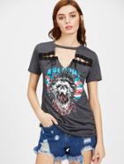 Shein Graphic V Cut Choker Neck Eyelet Lace Up Tee