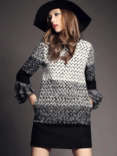 Shein Multicolor Round Neck Long Sleeve Knit Pockets Dress