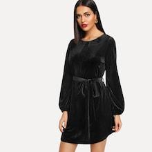 Shein Tie Waist Keyhole Back Velvet Dress