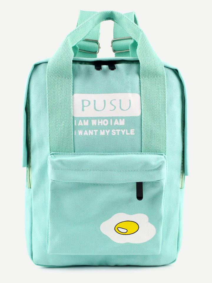 Shein Green Poached Egg Print Double Handle Square Canvas Backpack