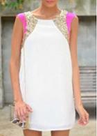 Rosewe Sequins Decorated Sleeveless White Straight Dress