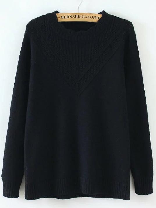 Shein Black Scalloped Neck Ribbed Trim Sweater