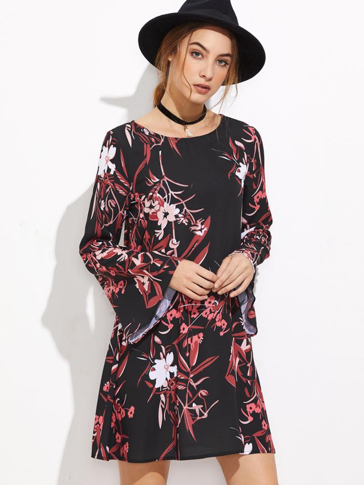 Shein Black Botanical Print Bell Sleeve A Line Dress