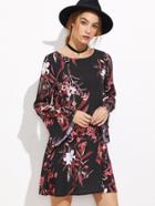 Shein Black Botanical Print Bell Sleeve A Line Dress
