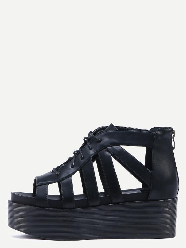Shein Black Cutout Lace-up Zipper Back Mule Wedges