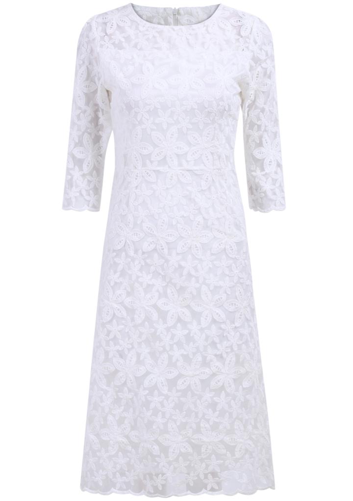 Shein White Round Neck Hollow Lace Dress