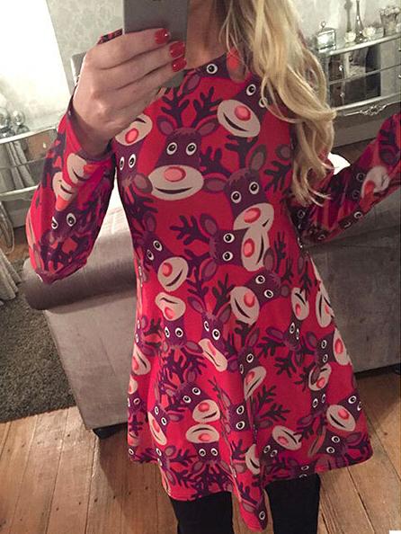 Shein Red Long Sleeve Christmas Deer Print Shift Dress