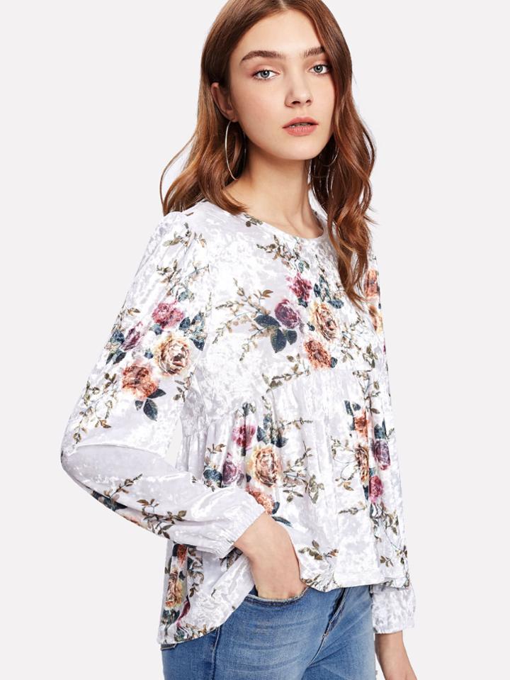 Shein Rose Print Velvet Smock Top