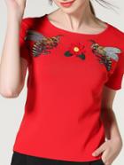 Shein Red Bees Embroidered Applique Pouf Sweater