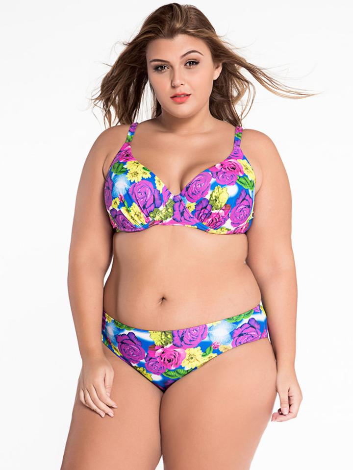 Shein Multicolor Flower Print Plus Size Bikini Set