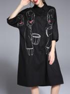 Shein Black Lapel Character Embroidered Shirt Dress