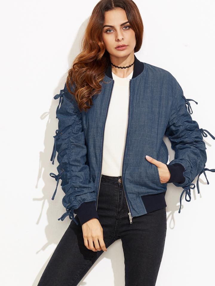 Shein Blue Bow Tie Shirred Sleeve Chambray Bomber Jacket