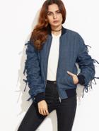 Shein Blue Bow Tie Shirred Sleeve Chambray Bomber Jacket
