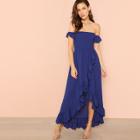 Shein Shirred Panel Asymmetrical Ruffle Hem Wrap Bardot Dress