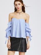 Shein Blue Vertical Striped Off The Shoulder Tie Detail Top