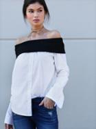 Shein Bardot Neckline Foldover Blouse White Black