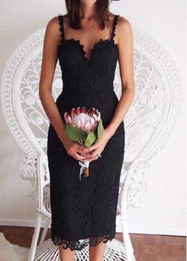 Rosewe Solid Black Lace Knee Length Bodycon Dress